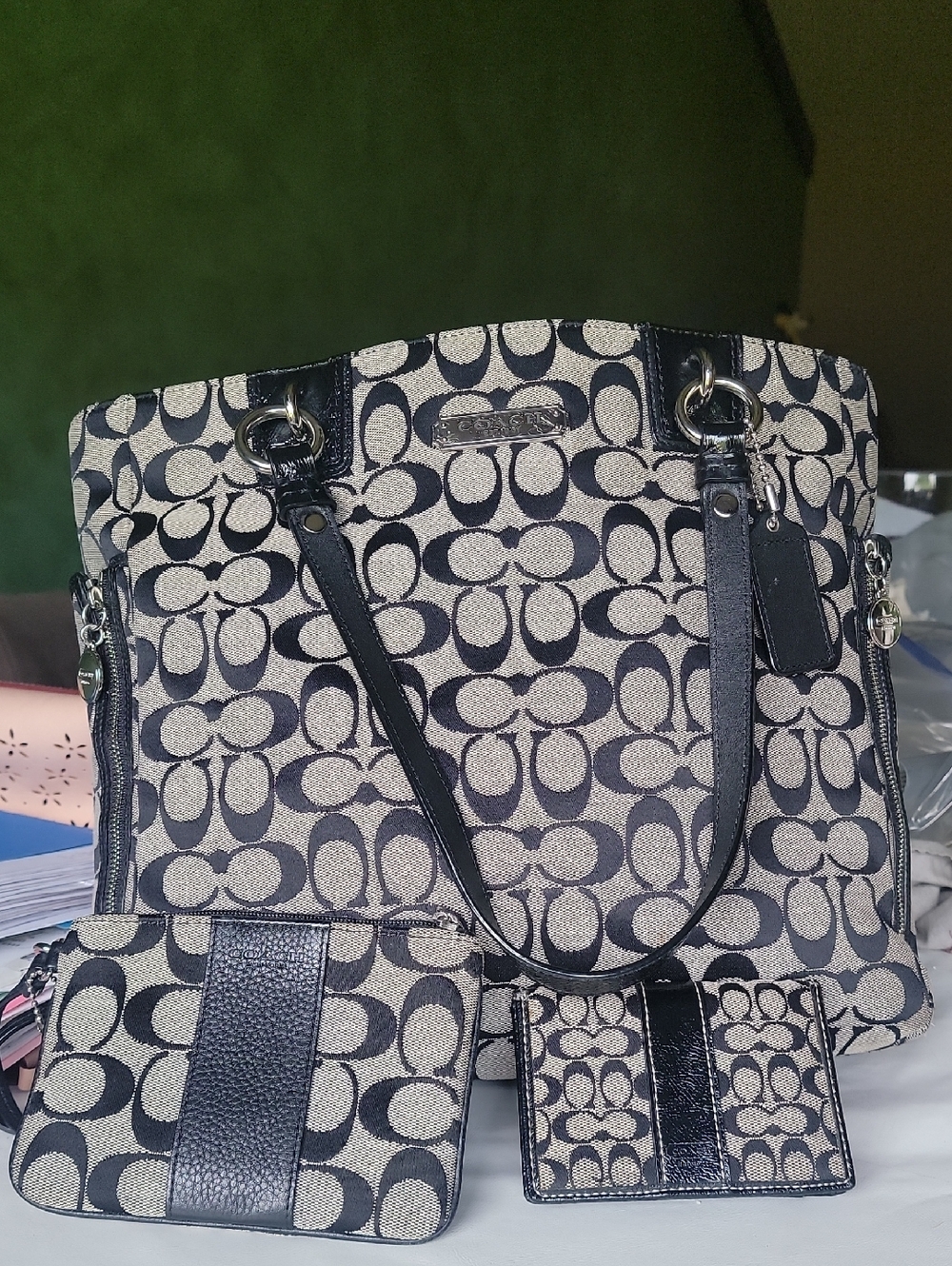 Vintage Coach Bundle;Black and Beige Signature Canvas Tote with Matching Wallets